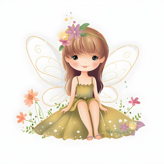 Ilustración encantadora de cuento de hadas juguetón de un hada linda con alas coloridas y adorno floral