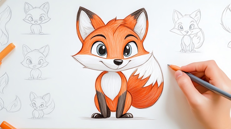 Foto ilustración encantadora dibujada a mano de un lindo zorro de dibujos animados con ojos grandes y una cola esponjosa