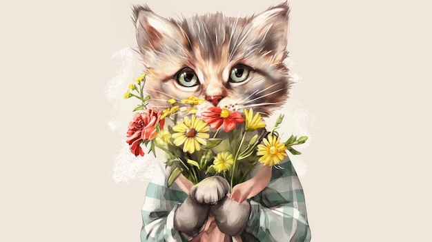 Ilustración encantadora de un gato antropomórfico sosteniendo un vibrante ramo de flores