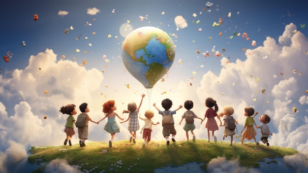 Una ilustración encantadora de un grupo de niños diversos tomados de la mano alrededor de una Tierra gigante
