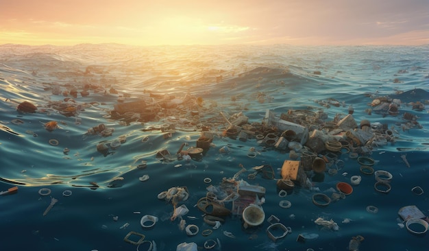 Foto ilustración de una enorme cantidad de basura flotando en el océano contaminación al medio ambiente ai