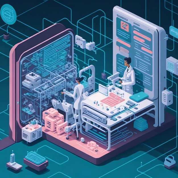 Ilustración de un entorno de atención médica donde la IA se utiliza para el diagnóstico médico