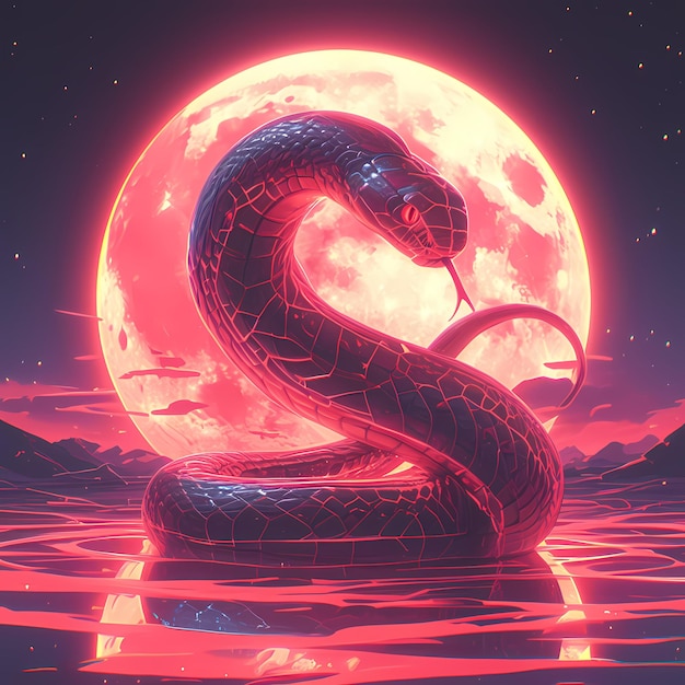 Ilustración épica de la serpiente con luz de luna rosada
