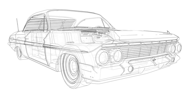 Ilustración de equipo tridimensional de coche americano antiguo combinado con los contornos técnicos de th