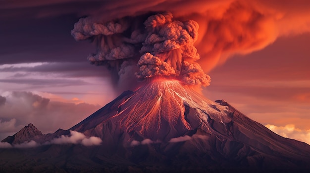Ilustración de una erupción volcánica con lava que fluye por las laderas