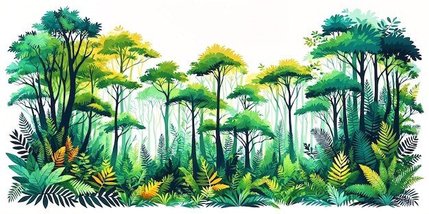 La ilustración es de un bosque verde exuberante lleno de árboles y helechos. La escena tiene la intención de evocar una sensación de naturaleza y tranquilidad, así como la exuberancia y la riqueza del ecosistema forestal.