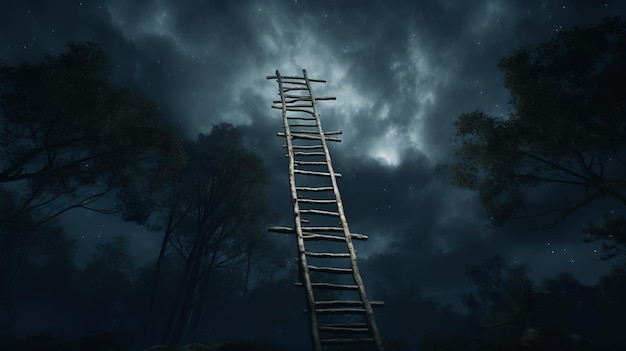 Ilustración de una escalera en un bosque que conduce a un cielo nublado
