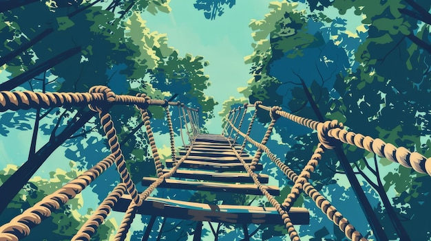 Foto ilustración de una escalera de cuerda de un antiguo parque de aventuras