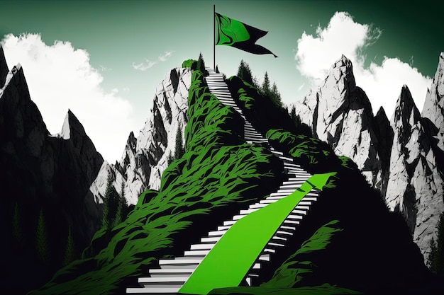 Ilustración de escaleras de montaña con bandera en la parte superior Concepto de escalada hacia el éxito AI