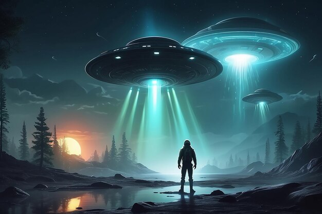 Foto ilustración de la escena de abducción alienígena por ovnis