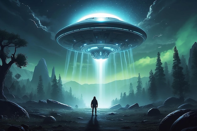 Foto ilustración de la escena de abducción alienígena por ovnis