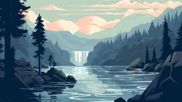 Ilustración de una escena de cascada con montañas y un lago