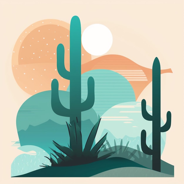Ilustración de una escena desértica con cactus y montañas ai generativo.