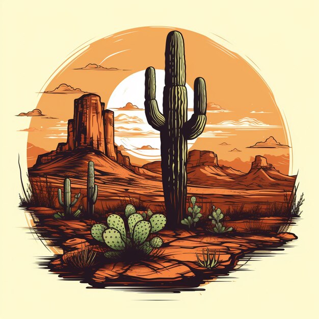 ilustración de una escena desértica con un cactus y montañas al fondo ai generativo