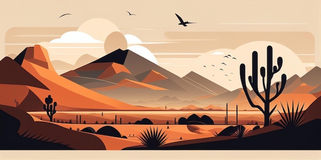 Ilustración de una escena del desierto con un pájaro volando sobre una IA generativa