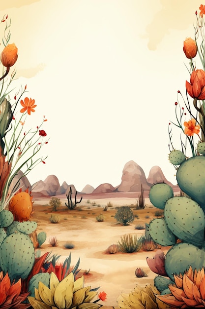 Ilustración de una escena del desierto con plantas de cactus y una planta generativa de caktus ai