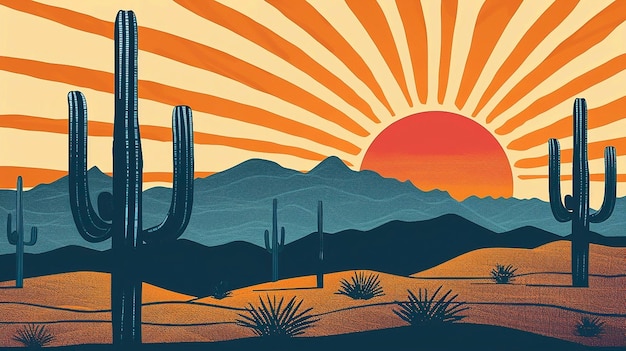 Foto ilustración de una escena del desierto con una puesta de sol y cactus