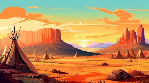 Ilustración de una escena del desierto con tipis y tipis en la distancia generativa ai