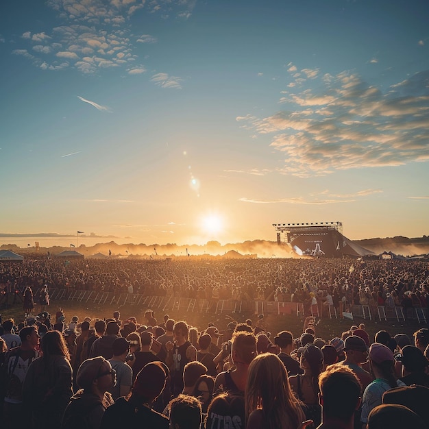 Ilustración de la escena del evento de alta energía que reúne a la multitud del festival de música al aire libre