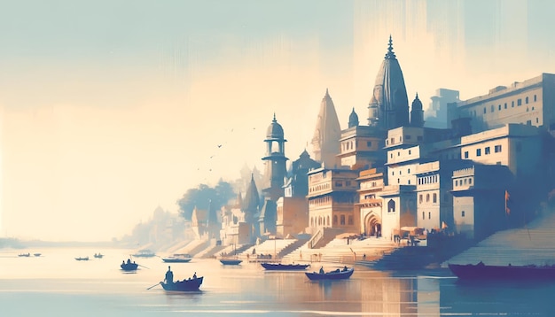 Ilustración de una escena fluvial en el Ganges durante el ganga saptami