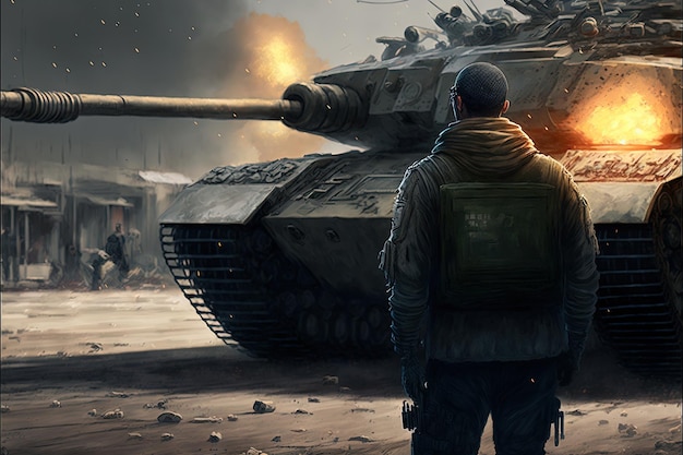 Ilustración de escena de guerra con soldado frente a un tanque de guerra. IA generativa