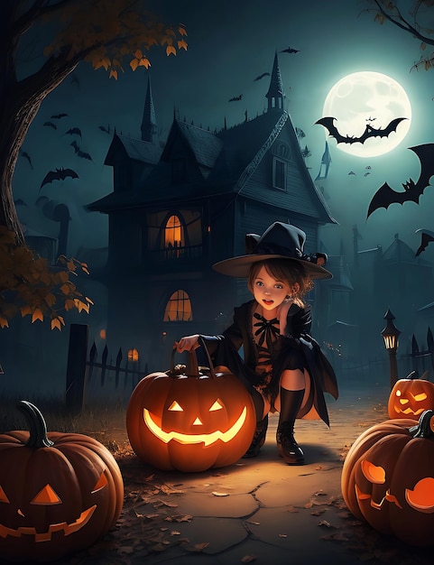 Una ilustración de una escena de Halloween con una calabaza y una bruja