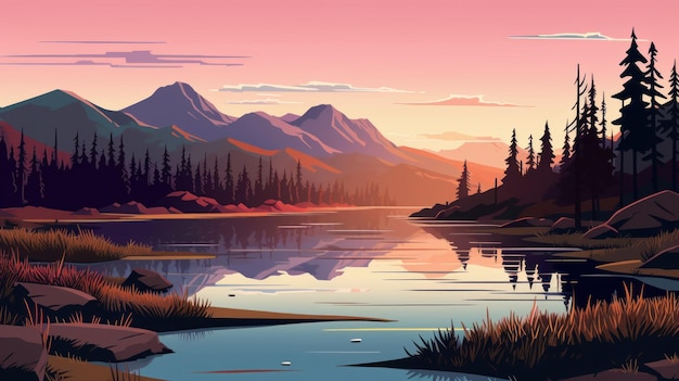 Ilustración de una escena de meseta con montañas y un lago