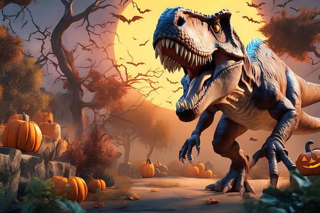 Ilustración de la escena nocturna de Halloween del dinosaurio Tyrannosaurus rex