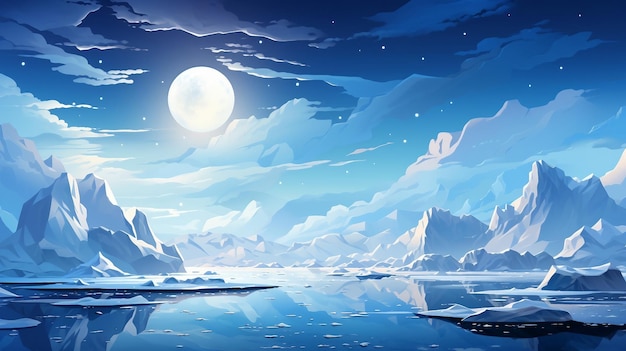 Una ilustración de una escena nocturna iluminada por la luna con montañas y agua generada por IA