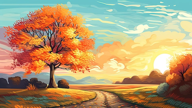 ilustración escena de otoño paisaje con árboles puesta de sol y la hierba se vuelve amarilla