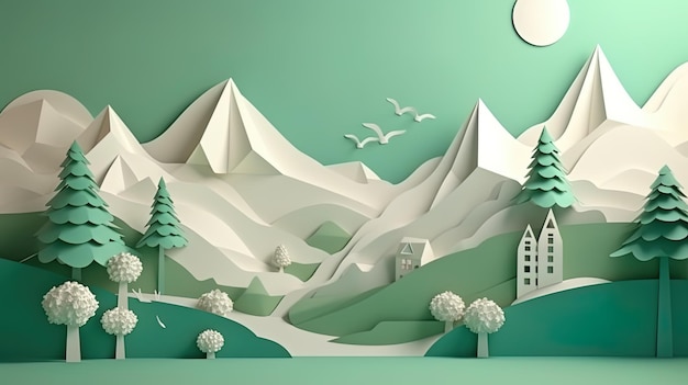 Ilustración de escena de paisaje natural de estilo de corte de papel de montaña de paisaje de bosque de corte de papel 3d