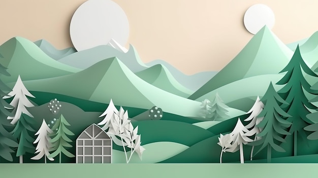 Ilustración de escena de paisaje natural de estilo de corte de papel de montaña de paisaje de bosque de corte de papel 3d