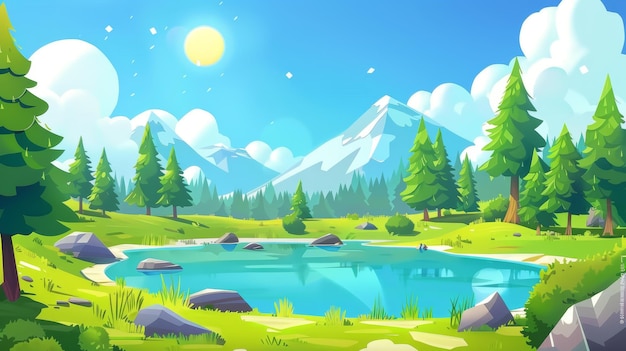 Una ilustración de una escena de primavera con agua azul en el estanque hierba verde árboles de pino y sol en un cielo nublado con un lago o río en el bosque Una Ilustración de un paisaje de primavera con aguas azules en
