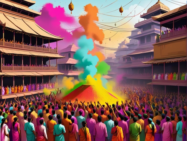 Foto ilustración de la escena que celebra el holi o el dol jatra