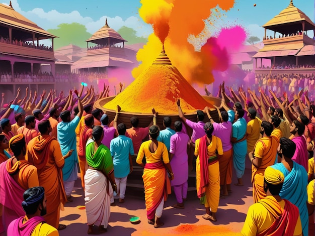 Foto ilustración de la escena que celebra el holi o el dol jatra