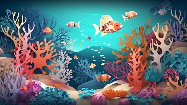 Ilustración escena submarina con arrecifes de coral y peces AI generativa