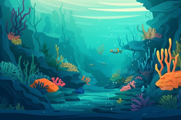 Foto ilustración de una escena submarina de dibujos animados con corales y peces generativos ai
