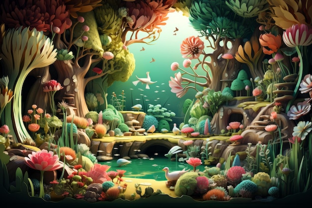 Foto una ilustración de una escena submarina con plantas y animales