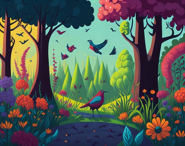 Ilustración de escena de verano de bosque de estilo de dibujos animados Un paisaje de selva juguetón Generado por IA