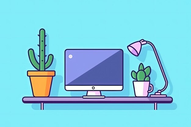 Ilustración de escritorio con luminaria de computadora y fondo azul de estilo plano de cactus AI generativa