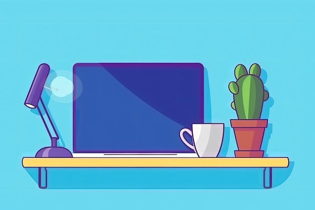 Ilustración de escritorio con luminaria de computadora y fondo azul de estilo plano de cactus AI generativa