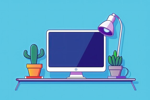 Ilustración de escritorio con luminaria de computadora y fondo azul de estilo plano de cactus AI generativa