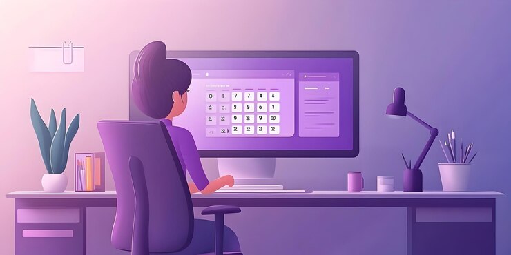 Foto ilustración de escritorio púrpura mujer planificando el horario en la computadora