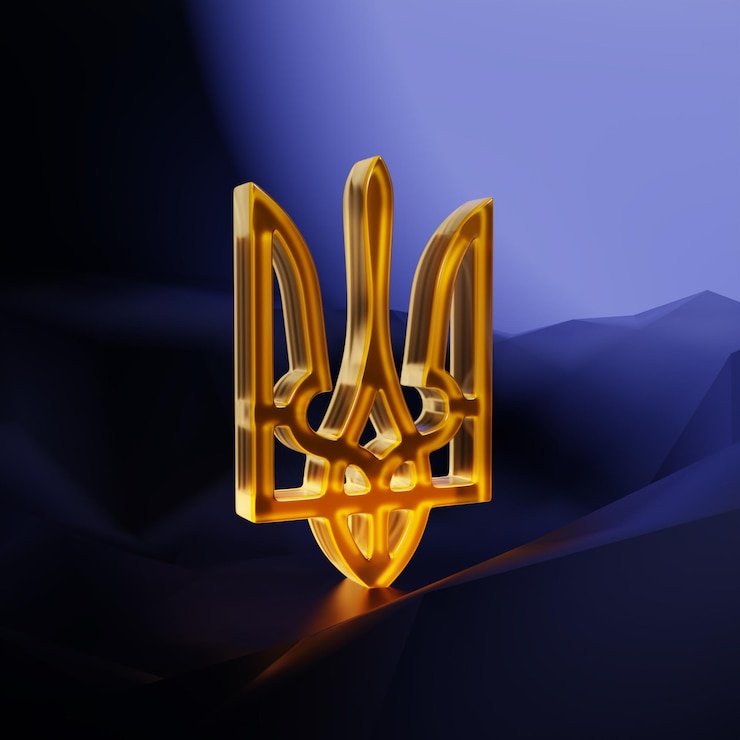 Foto ilustración de un escudo de armas 3d de vidrio de ucrania sobre un fondo oscuro abstracto que brilla en el