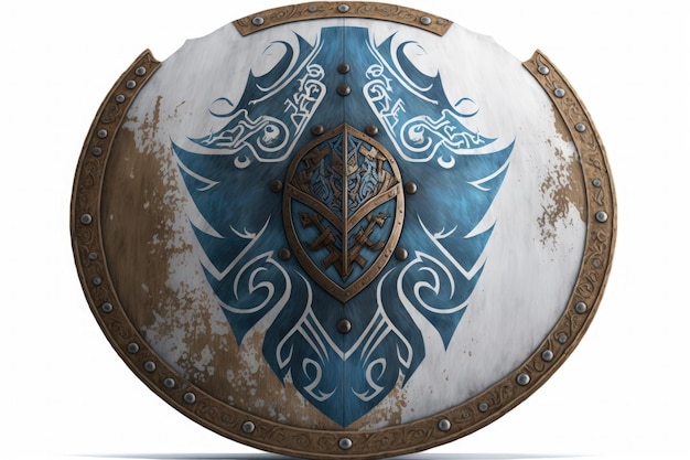 Foto ilustración de escudo vikingo azul y blanco fondo blanco ia generativa