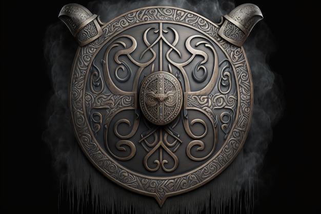 Ilustración de escudo vikingo de madera y adornos de metal fondo negro con niebla AI generativa
