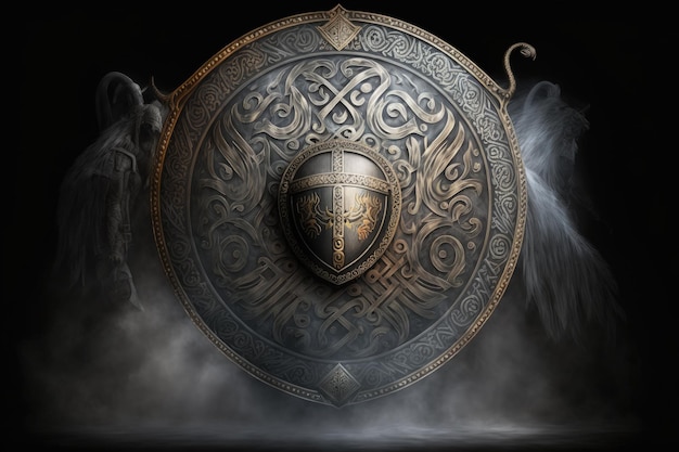 Ilustración de escudo vikingo de madera y adornos de metal fondo negro con niebla AI generativa