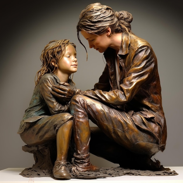 Ilustración de la escultura empañada madre y hija pequeña original Generative ai