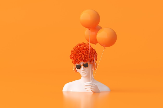 La ilustración de la escultura de la mujer con una flor color de rosa en la cabeza sostiene globos sobre fondo naranja. Representación 3D.