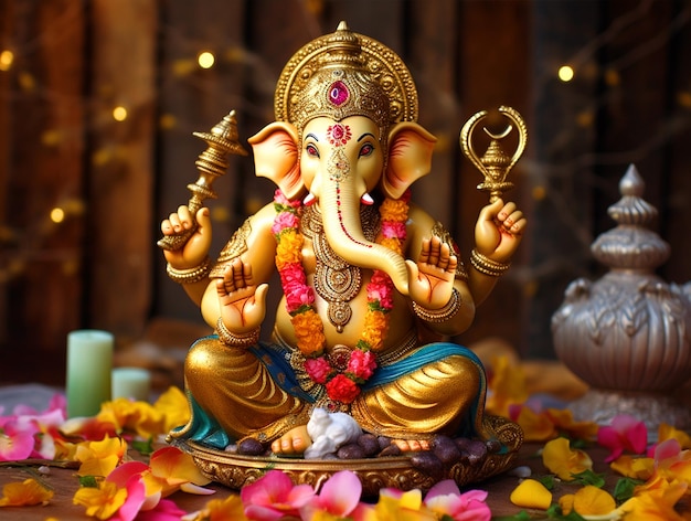 Ilustración de la escultura del Señor Ganesha con elementos decorativos